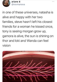 an image of a woman's face with the caption, in one of these universes, natasha is alive and happy with her two families, steve