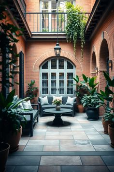 an indoor courtyard with potted plants and couches