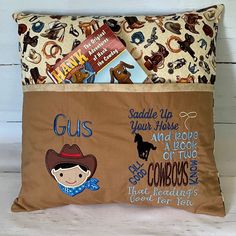 two pillow cases with cowboy designs on them, one is brown and the other is blue