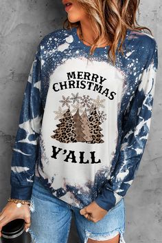 Material- 95% Polyester + 5% Elastane Winter Holiday Relaxed Fit Tops, Winter Holiday Tops With Relaxed Fit, Relaxed Fit Winter Holiday Tops, Blue Tops For Holiday And Fall Season, Merry Christmas Yall, Tie Dye Print, Free Shopping, Womens Clothing Tops, Long Sleeve Top