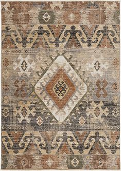 an area rug with various colors and patterns on it, including brown, beige, orange and