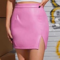 Shein Form Fitting Patent Leather Hot Pink Mini Skirt With A Front Slit. Pink Leather Mini Skirt, Hot Pink Mini Skirt, Pink Skirts, Pink Mini Skirt, Pink Skirt, Pink Mini, Leather Mini Skirts, Shein Style, Split Hem