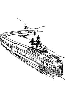 a black and white drawing of a train traveling down the tracks with trees on each side