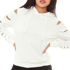 Trendy And Stylish Hoodie Sweatshirt With Cut-Out Sleeve Detail. -Soft And Stretchy Material - Fit Is True To Size -Drawstring Hoodie Trendy White Hoodie Top, Trendy White Stretch Hoodie, White Stretch Hoodie For Spring, Bubble Sleeve Top, Scoop Neck Bodysuit, Floral Peplum Top, Flattering Tops, Top Shirt Women, Lace Camisole