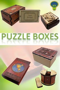 several wooden boxes with different designs on them and the words puzzle boxes written in green