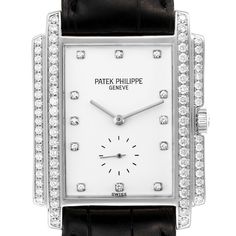 Patek Philippe Gondolo 18k White Gold Diamond Mens Watch 5025. Manual winding movement. 18k white gold rectangular case 30.0 x 37.5 mm case. Diamond-set sides and lugs. 18K white gold stepped diamond bezel. Scratch resistant sapphire crystal. White dial with diamond hour markers and white gold baton hands. Black leather strap with 18k white gold tang buckle. Gold Diamond Watch, Gold Diamond Watches, Bell & Ross, Diamond Watches For Men, Cartier Ballon Bleu, Patek Philippe Aquanaut, White Gold Sapphire, Rolex Air King, Luxury Timepieces