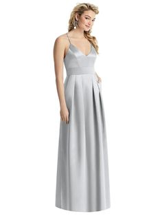 V-Neck Pleated Satin Gown with Pockets | The Dessy Group Elegant V-neck Maxi Dress With Pockets, Skirt Satin, Maxi Dress With Pockets, White Bridesmaid Dresses, Full Length Skirts, Infinity Dress, Dress Order, Satin Gown, Satin Maxi