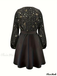 Olivia Mark - Womens Plus Size Long Sleeve V Neck Swing Belted Dress with Galaxy Print - Effortlessly Stylish and Comfortable Dress With V Neck, Galaxy Print, Golden Star, Lantern Sleeves, Plus Size Casual, Belted Dress, Star Print, Swing Dress, Autumn Summer