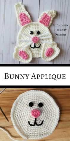 crocheted bunny applique is shown in two different pictures, one with ears and the other with eyes