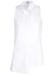 Sleeveless long shirt from Loewe, in white poplin, with stand-up mandarin collar, asymmetrical buttons fastening, asymmetrical hem. White Sleeveless Shirt For Daywear, White Sleeveless Shirt For Work, Elegant Sleeveless Shirt For Workwear, Shirt For Women, White Shirts, Asymmetrical Hem, Long Shirt, Mandarin Collar, Asymmetric Hem