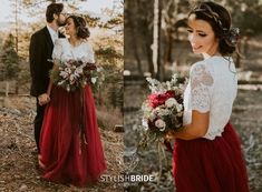 the bride and groom are standing together in the woods with their bouquets on their laps