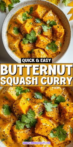 butternut squash curry in a white bowl with cilantro and parsley on top