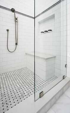 two pictures of a bathroom with black and white tiles on the floor, one has a walk in shower