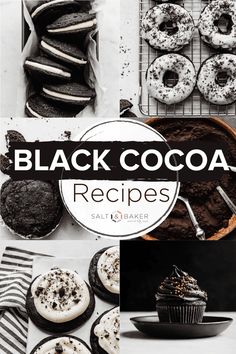 black cocoa desserts and cookies are featured in this collage