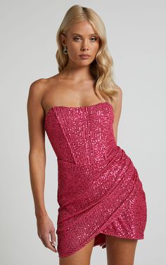 Akhira Mini Dress - Corset Detail Strapless Sequin Dress in Pink | Showpo USA Strapless Hoco Dress Tight, Pink Glitter Dress Short, Nyc Bachelorette, Corset Homecoming Dress, Pink Glitter Dress, Glitter Dress Short, Sequin Strapless Dress, Pink Sparkly Dress, Strapless Sequin Dress