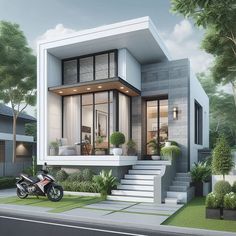 a motorcycle is parked in front of a modern house with steps leading up to it