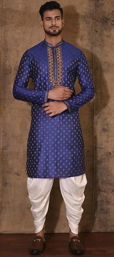 Blue color Dhoti Kurta in Poly cotton fabric with Embroidered, Sequence, Thread work Blue Cotton Silk Kurta For Navratri, Festive Blue Kurta With Cutdana, Blue Cutdana Kurta For Navratri, Blue Cotton Silk Kurta For Festivals, Blue Cotton Silk Sets With Traditional Drape, Bollywood Style Blue Cotton Silk Kurta, Blue Cotton Silk Traditional Wear With Resham Embroidery, Blue Bollywood Kurta With Cutdana Details, Blue Bollywood Kurta With Cutdana