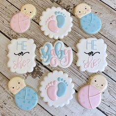 ***Please contact me before placing an order to be sure that I have availability for your dateInclude the date of your eventlocation and quantity of cookies neededThis listing is for one dozen gender reveal baby cookiesThese are perfect for a gender reveal or baby showerCookies can be customized for any color schemeEach dozen includes3 baby feet 3 swaddled babies 3 “He or Sheplaques 3 “Babyplaques **LOCAL CUSTOMERSUse coupon code LOCALORDER to avoid shipping chargesI do not deliverLocal orders Gender Reveal Biscuits, Gender Reveal Food, He Or She Gender Reveal, Baby Reveal Cakes, Simple Gender Reveal, Baby Gender Reveal Party Decorations