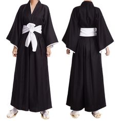 PRICES MAY VARY. *1* The cosplay black kimono suit designed by Japanese anime characters, gives people a unique feeling. It shows a mature and stable temperament when worn, and is very popular. *2* Complete set: top*1+trousers*1+belt*1 *3* Made of polyester fiber, the fabric feels comfortable, the main feature is that it is decorated with white edging, the waistband is freely tied, and the size can be adjusted according to your own situation. It is a loose style, easy to wear *4* This Robe Cloak Samurai Uniform, Bleach Cosplay, Japanese Traditional Clothes, Hakama Pants, Anime Kimono, Kimono Outfit, Outfit Halloween, Black Kimono, Anime Black