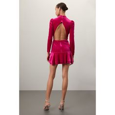 Pink velvet (95% Polyester, 5% Spandex). Hourglass. Mock neck. Long sleeves. Back zipper closure. 33" from shoulder to hemline. Imported. Chic Fitted Velvet Bodycon Dress, Fall Velvet Mini Dress For Cocktail, Fall Cocktail Velvet Mini Dress, Stretch Velvet Dress For Party, Stretch Velvet Mini Dress For Night Out, Chic Fitted Velvet Dress For Date Night, Glamorous Fitted Velvet Dress For Date Night, Fitted Velvet Mini Dress For Date Night, Spring Night Out Fitted Velvet Dress