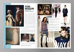 an open magazine with photos of models on the runway