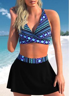 Beachwear Swim Skirt With Built-in Bra For Vacation, Black Bra-friendly Tankini For The Beach, Blue Beachwear Swim Skirt With Built-in Bra, Multicolor Beach Tankini With Built-in Bra, Tropical Multicolor Swimwear With Built-in Bra, Trendy Swimsuits, Bra Style, Sport Style, Viral Trend