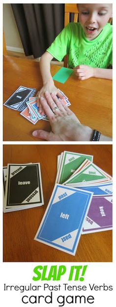 a collage of photos showing different types of cards with text reading slap it irregular past tense verbs cards