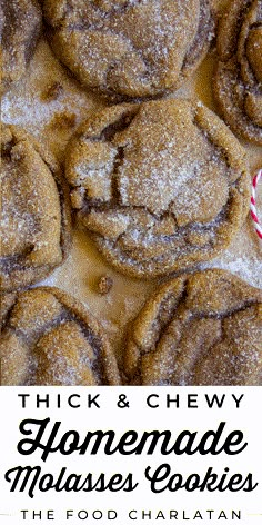 homemade molasse cookies with powdered sugar on top and text overlay reading thick & chewy homemade molasses cookies