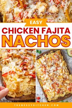 Looking for Super Bowl party food ideas? Put this chicken nacho recipe on your game day menu! Loaded with crispy tortilla chips, cheese, and veggies, these sheet pan chicken fajita nachos are also an easy New Year appetizer everyone will enjoy! Chicken Nacho Recipe, Chicken Fajita Nachos, Super Bowl Party Food Ideas, Fajita Nachos, Super Bowl Party Food, Nacho Recipe, Chicken Nachos Recipe, Homemade Nachos, Fajita Vegetables