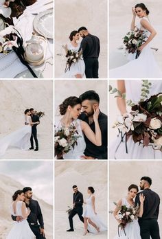 a bride and groom posing for pictures in the desert