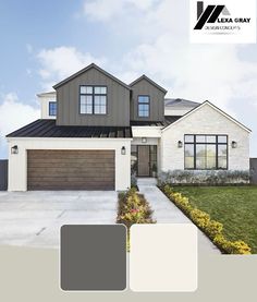 the exterior of a house with gray and white paint