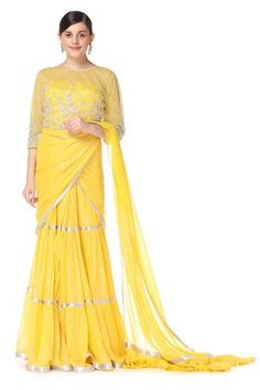 Shop for Rabani and Rakha Yellow Georgette Tiered Lehenga Saree With Blouse for Women Online at Aza Fashions Tiered Lehenga, Hand Embroidered Blouse, Yellow Saree, Luxury Sale, Lehenga Saree, Blouse For Women, Embroidered Neckline, Saree With Blouse, Blouse Online