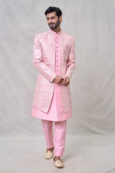 Pink sherwani with geometric embroidery and attached inner kurta. Paired with a trouser. - Aza Fashions Pink Sherwani, Embroidery Geometric, Geometric Embroidery, Pink Men, Silk Embroidery, Pink Art, Pocket Square, Aza Fashion, Full Sleeve