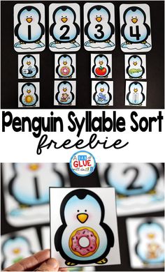 penguins and penguin numbers are shown with the words penguin sylabe sort freebie