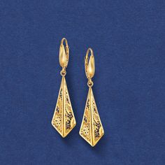 Ross-Simons - Italian 14kt Yellow Gold Lace Triangle Drop Earrings. Bellissimo! Fine lacework details are showcased in this intricate pair of triangle drop earrings from Italy, set in brushed and polished 14kt yellow gold. Hanging length is 1 3/4". Lever back, 14kt yellow gold lace triangle drop earrings. Classic Filigree Earrings For Anniversary, Fine Jewelry With Filigree Dangle, Fine Jewelry Filigree Drop Earrings, Fine Jewelry Drop Earrings With Filigree, Fine Jewelry Dangle Earrings With Filigree, Intricate 14k Gold Drop Earrings, 14k Gold Drop Earrings With Intricate Design, Classic Yellow Gold Earrings With Intricate Design, Yellow Gold Dangle Jewelry With Intricate Design