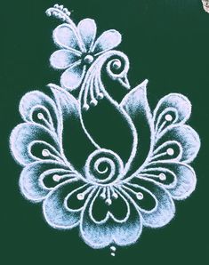 a white peacock on a green background with swirls and dots in the middle,