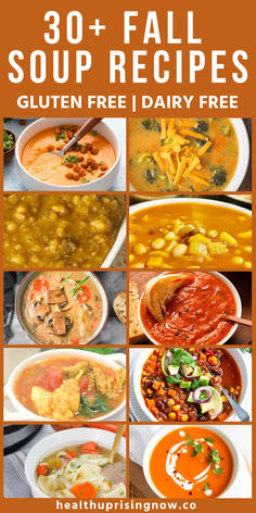 An assortment of gluten free soups for the fall Fall Meals Dairy Free, Dairy Free Gf Recipes, Healthy Soup Recipes Gluten Free, Fall Soup Recipes Non Dairy, Dairy And Gluten Free Soup Recipes, Easy Gf Soup Recipes, Fall Soups Dairy Free, Easy Gluten Free Soup Recipes, Easy Soup Recipes Quick Gluten Free