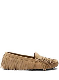 light beige suede tonal stitching fringe detailing round toe slip-on style branded leather insole rubber sole Luxury Slip-on Tassel Loafers With Stitched Sole, Beige Suede Slip-on Moccasins, Classic Beige Suede Flats, Beige Suede Flat Moccasins, Flat Suede Slip-on Moccasins, Flat Slip-on Suede Moccasins, Slip-on Flat Suede Moccasins, Brown Suede Moccasins With Fringe, Suede Tassel Loafers With Textured Sole