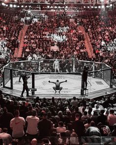 two men standing on top of a wrestling ring in front of an arena full of people