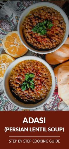 three bowls filled with food sitting on top of a table next to sliced oranges