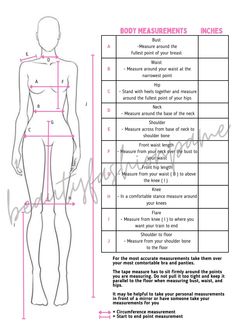 the body measurements chart for a women's dress with measurements and measurements on it