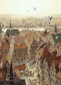 an illustration of a city with birds flying over it's rooftops and buildings