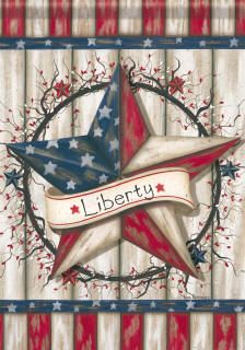 an american flag star with the word liberty on it in front of red, white and blue stripes