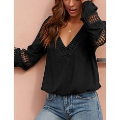 Black V Neck Crochet Hollow-out Blouse Chic V-neck Crochet Top For Fall, Black V-neck Crochet Top For Spring, Chic Long Sleeve Hollow Out Tops, Chic Crochet V-neck Top For Fall, Black Crochet Top For Spring Day Out, Black Long Sleeve Bohemian Crochet Top, Fitted Black V-neck Crochet Top, Fitted Black Crochet V-neck Top, Chic Black Crochet Long Sleeve Top