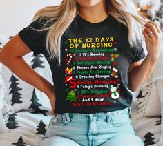 Looking for the perfect Christmas gift for your favorite nurse? Look no further than our christmas nurse shirt! This soft and comfortable shirt features a festive design with funny 12 days of nursing. Perfect for dressing up or down, this shirt is sure to make any nurse smile. Plus, it makes a great gift for any nursing professional out there! **PLEASE NOTE THERE ARE VARIOUS STYLES AND SIZES AVAILABLE IN LISTING SO PLEASE MAKE SURE YOU HAVE READ THE INFORMATION AND SIZE CHARTS IN PICTURES BEFORE PLACING ORDER. ALSO I USE BOTH BELLA CANVAS AND GILDAN PRODUCTS. BOTH ARE HIGH QUALITY AND SUPER SOFT BUT IF YOU HAVE YOUR OWN PERSONAL PREFERENCE THEN PLEASE LET ME KNOW ** * S I Z I N G * ✺ Sizing is unisex so runs like men's, though not overly large ✺ Most women find their typical size works bes Pharmacist Shirt, Radiology Shirts, Speech Therapy Shirts, Picu Nurse, Little Sister Gifts, Nursing Shirt, Xray Tech, Rad Tech, Tech Shirt