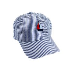 Wee Ones Denim Embroidered Seersucker Ball Cap - Sailboat Playful Cotton Baseball Cap For Spring, Playful Blue Cotton Hats, Casual Striped Cap, Casual Navy Baseball Cap For Summer, Nautical Cap For Boating, Nautical Style Cap For Boating, Navy Cotton Hat For Spring, Striped Cotton Cap, Playful Cotton Baseball Cap