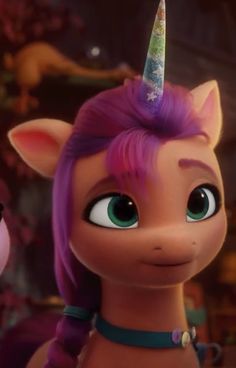 an animated pony with purple hair and a unicorn horn on it's head is looking at the camera