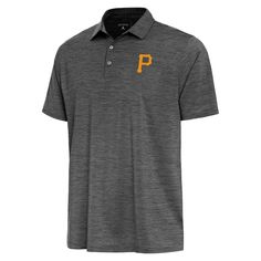 a polo shirt with the letter p on it in yellow and grey, featuring an orange logo