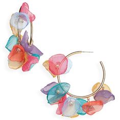 Beautiful Chiffon Petals Hoop Earrings, Multi Colors Multicolor Hoop Earrings For Summer Party, Multicolor Dangle Hoop Earrings For Spring, Multicolor Small Hoop Earrings For Spring, Multicolor Small Hoop Jewelry For Spring, Owl Necklace Silver, Ocean Earrings, Honeysuckle Flower, Petal Earrings, Colored Earrings