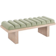 a bench made out of wood and green cushions on the seat cushion is upholstered